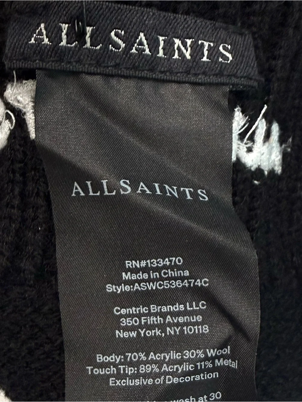 All Saints Black Knit Logo Gloves NWT